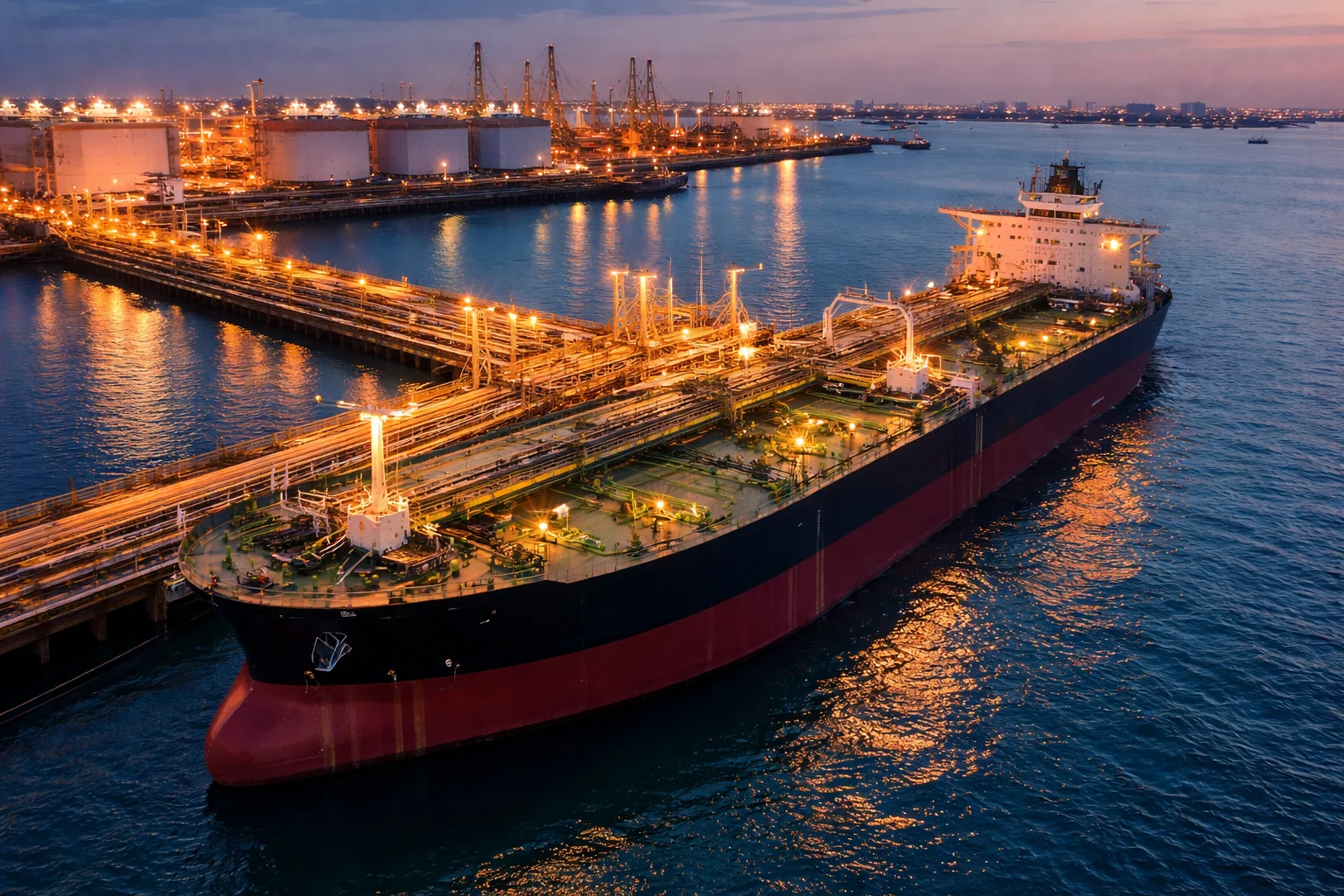 Tanker at oil terminal during cargo operations