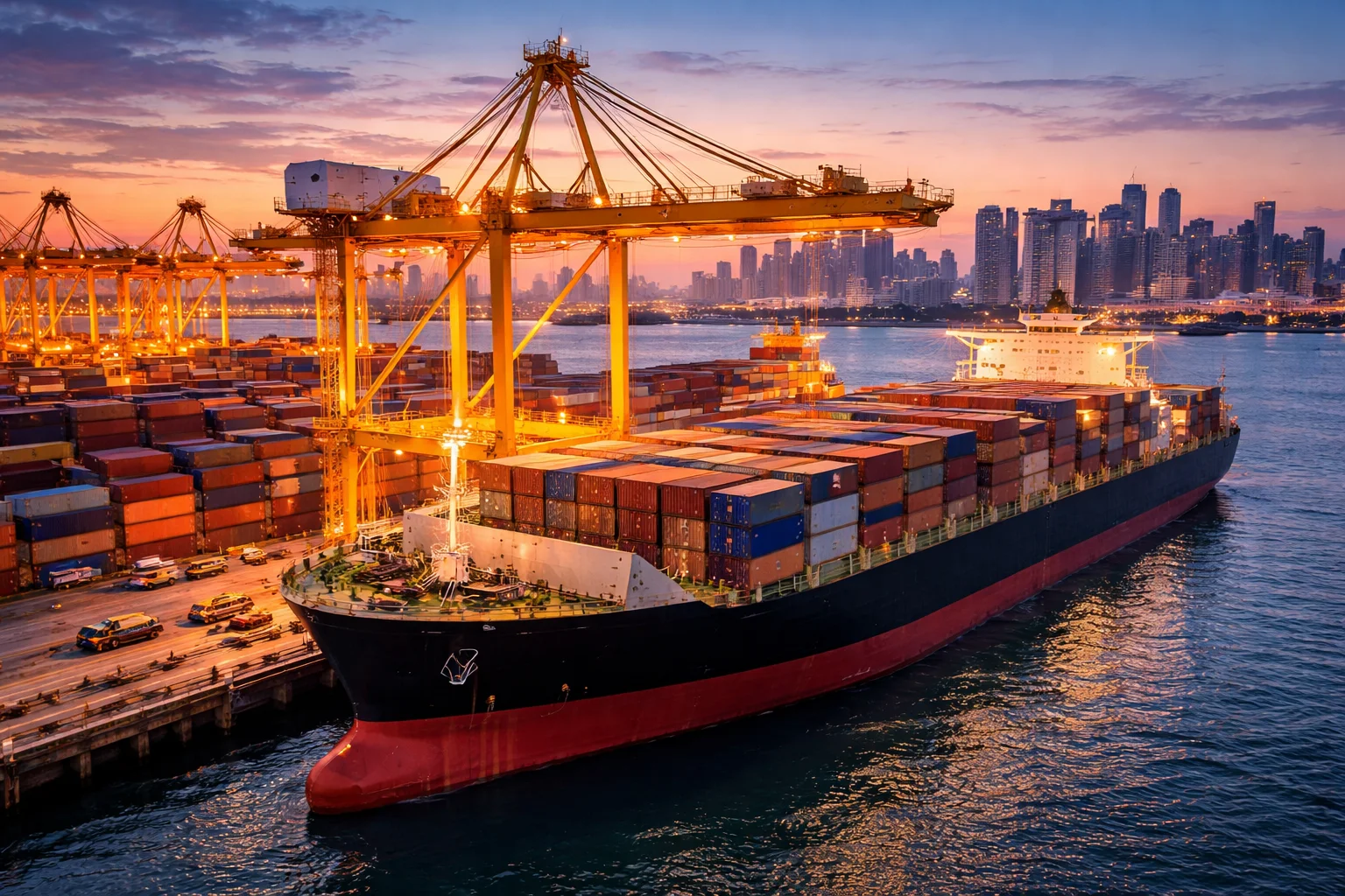 Container ship at port with gantry cranes